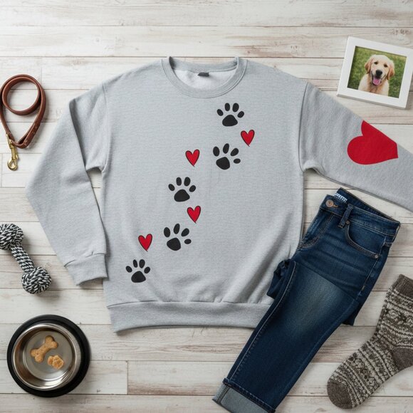 Boutique Tops - Paw Print Heart Elbow Patch Sweatshirt - Oversized Small